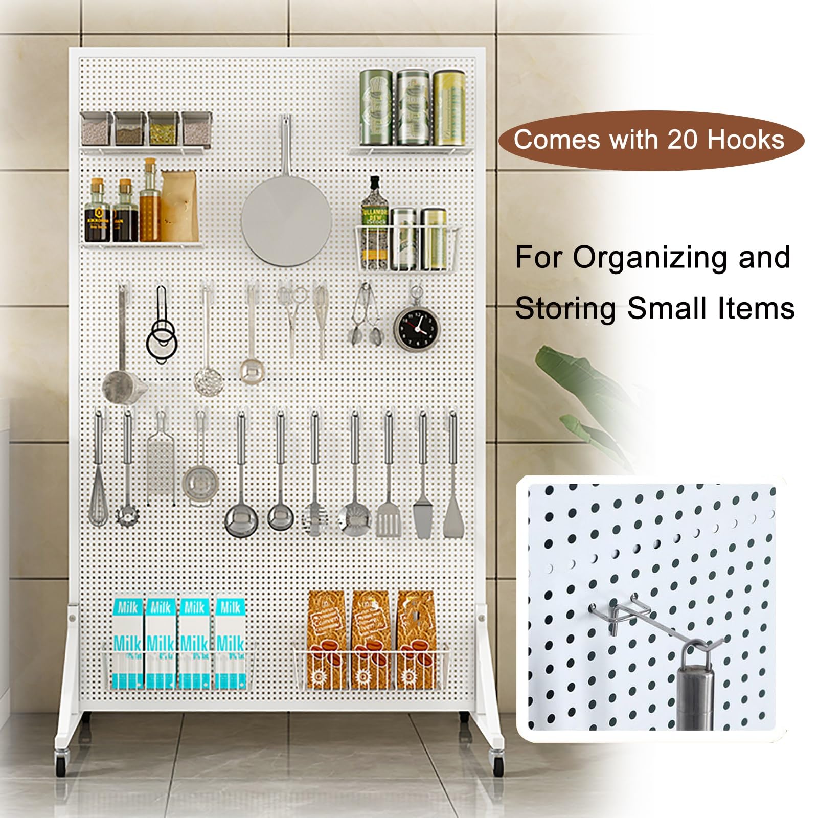 Stehendes Stecktafel-Display mit Lenkrollen und 20 Haken, Pegboard-Displayständer aus Metall, Verdickte Werkzeugwand Platte aus Kaltgewalztem Stahl(White,60x120cm/24x47in)