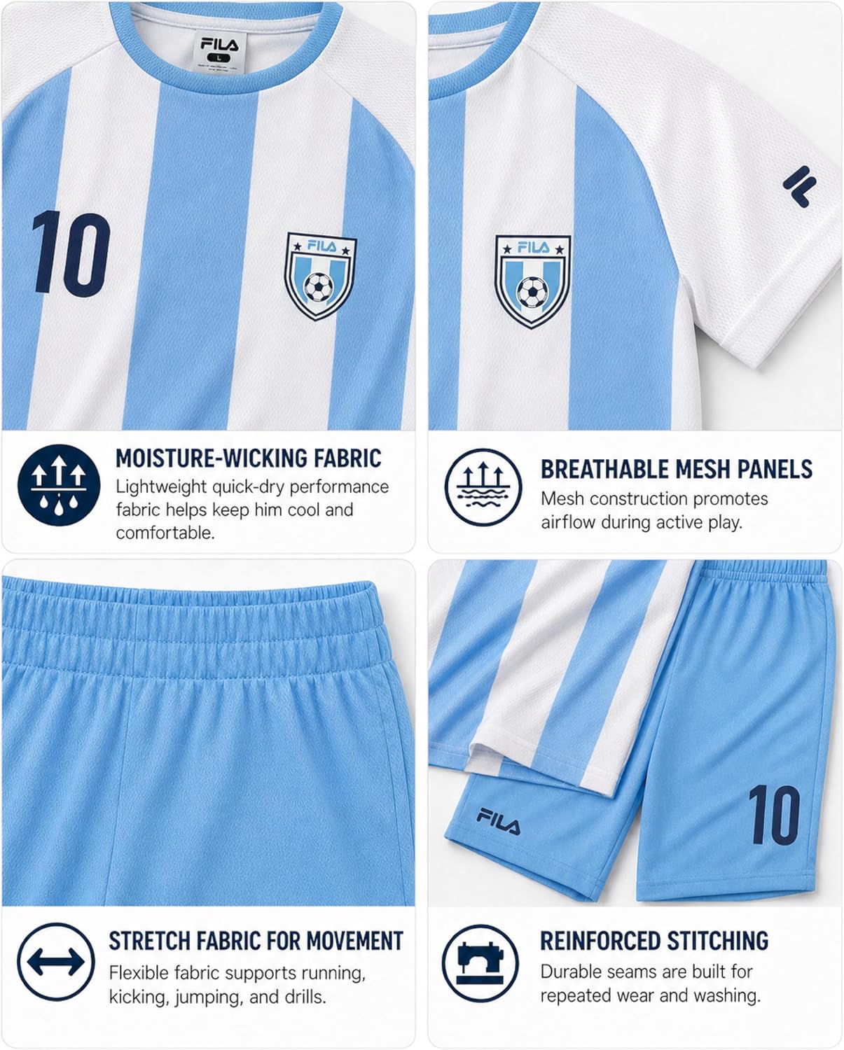 Fila Boys Soccer Jersey Shorts Set - 2 Piece Youth Sports Soccer Jersey Kids Boys Athletic Shorts & Graphic Tees (Size: 4-12)