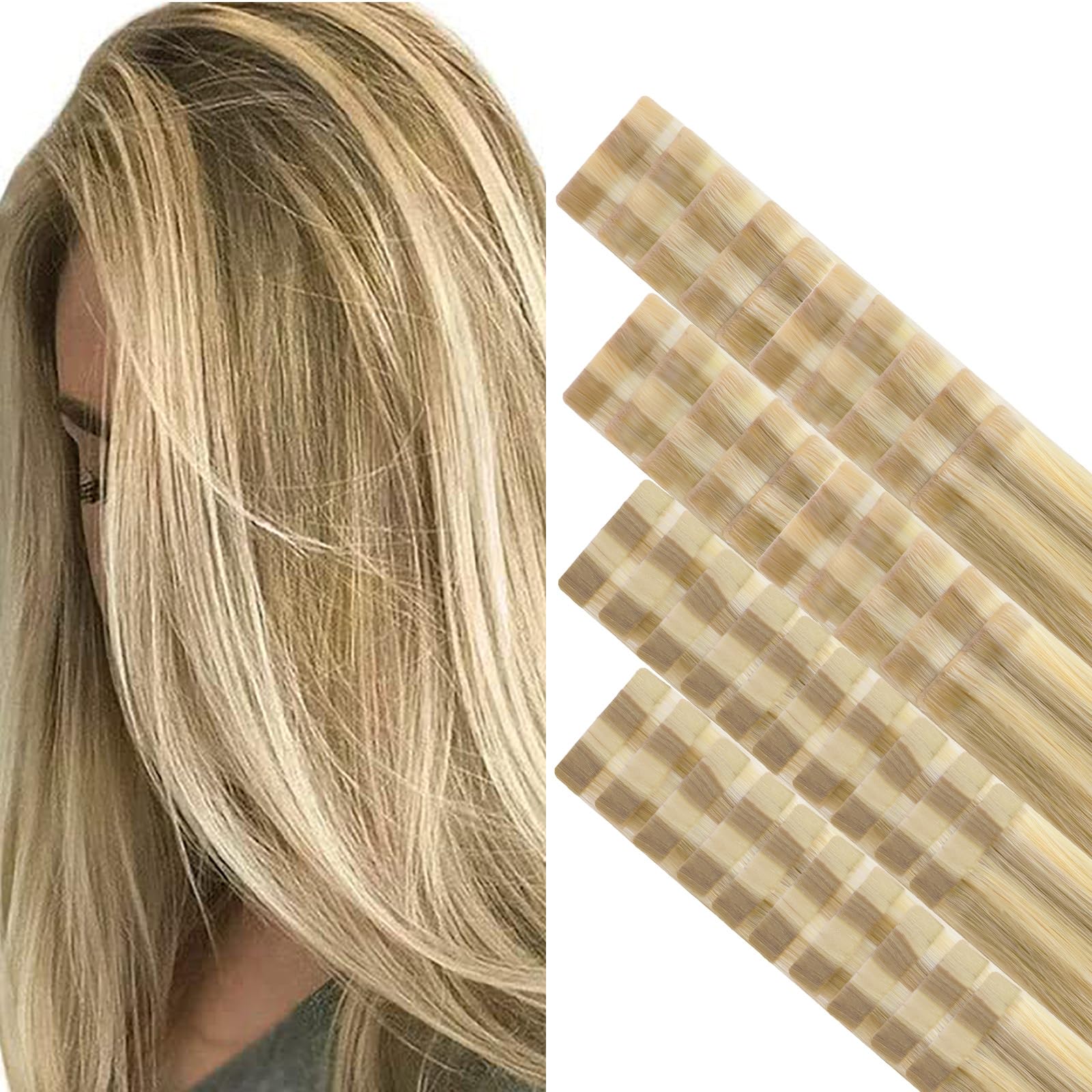 GOO GOO Invisi Edge Tape in Hair Extensions Human Hair, 16/22 Light Blonde Highlighted Golden Blonde 20pcs injected with 20pcs classical tape ins,