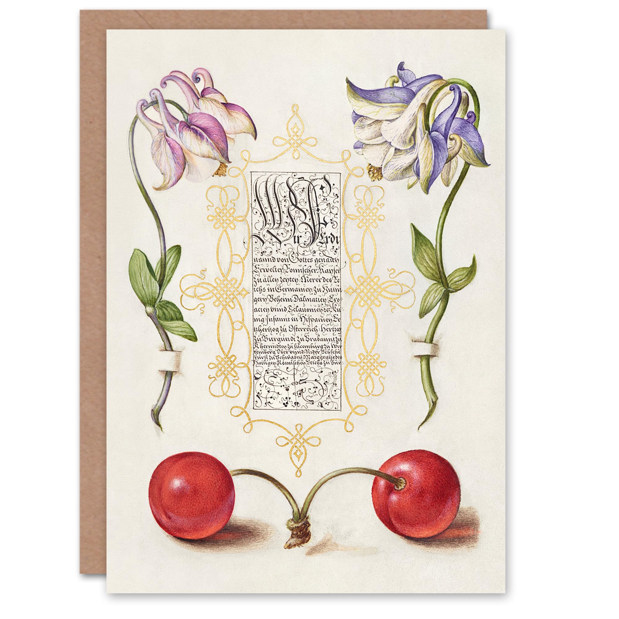 Artery8 Greeting Card - Columbines & Sweet Cherries - White