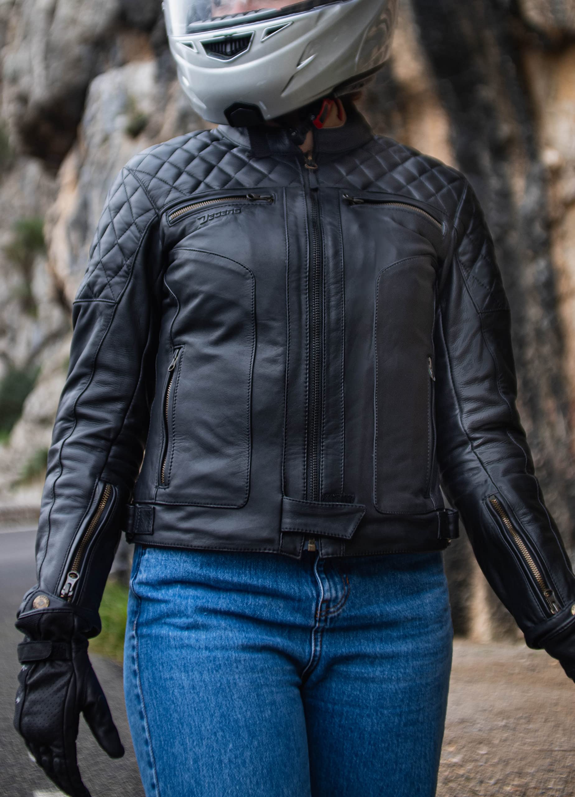 Classic Lady | Damen-Motorradjacke aus Leder mit herausnehmbarer Fleeceweste und herausnehmbaren Protektoren | Geprüft (EN 17092), 100% schwarzes Leder