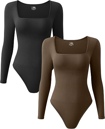 OQQ Womens 2 Piece Bodysuits Sexy Ribbed One Piece Square Neck Long Sleeve Tops