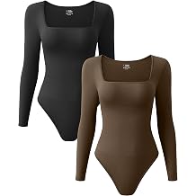 OQQ Womens 2 Piece Bodysuits Sexy Ribbed One Piece Square Neck Long Sleeve Tops