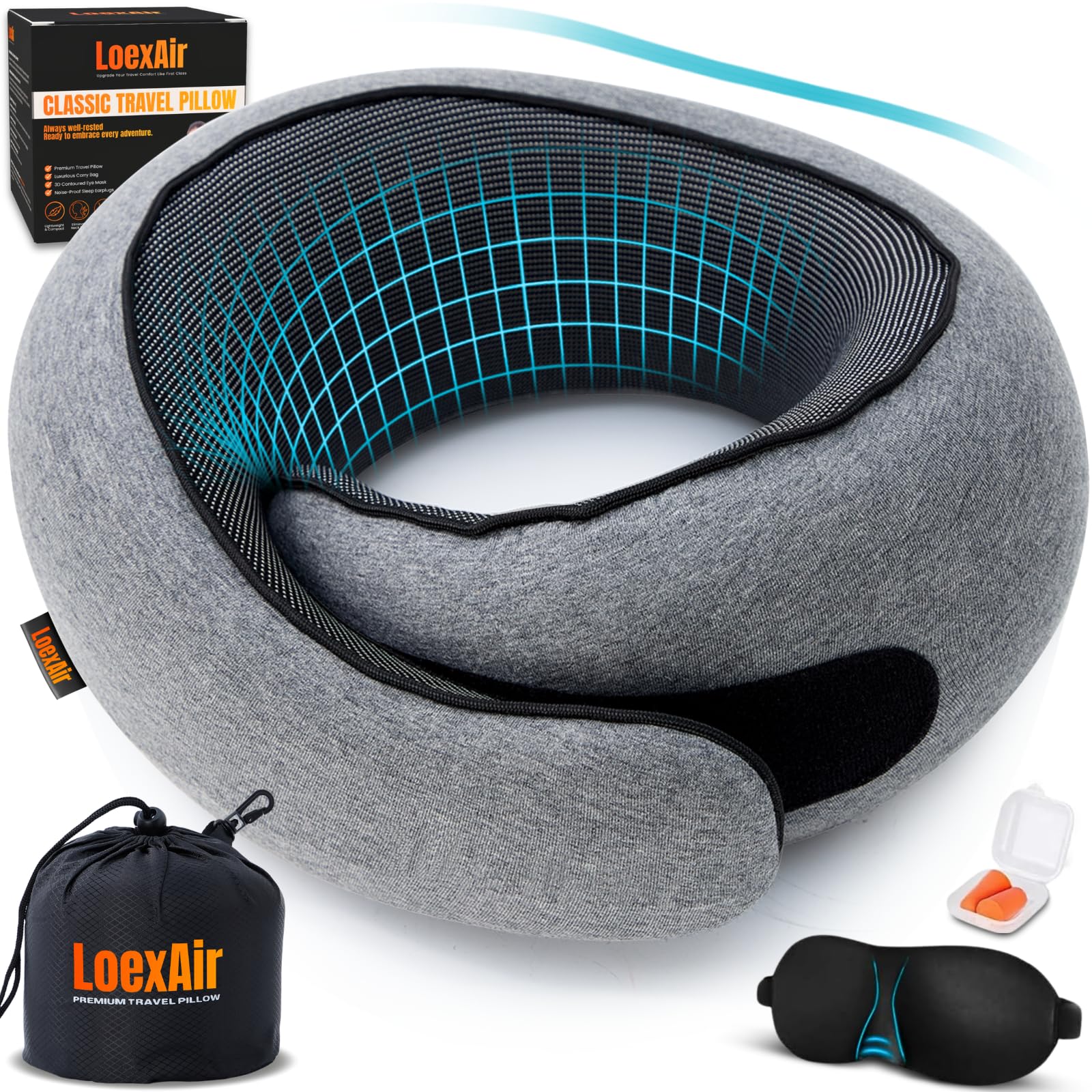 LOEXAIR Reisekissen, Nackenkissen Reise für Flugzeug, Auto - 100% Baumwollstoff & Memory Foam Flugzeugkissen, leicht & einfach zu tragen auf dem Flug, komplettes Reiseset