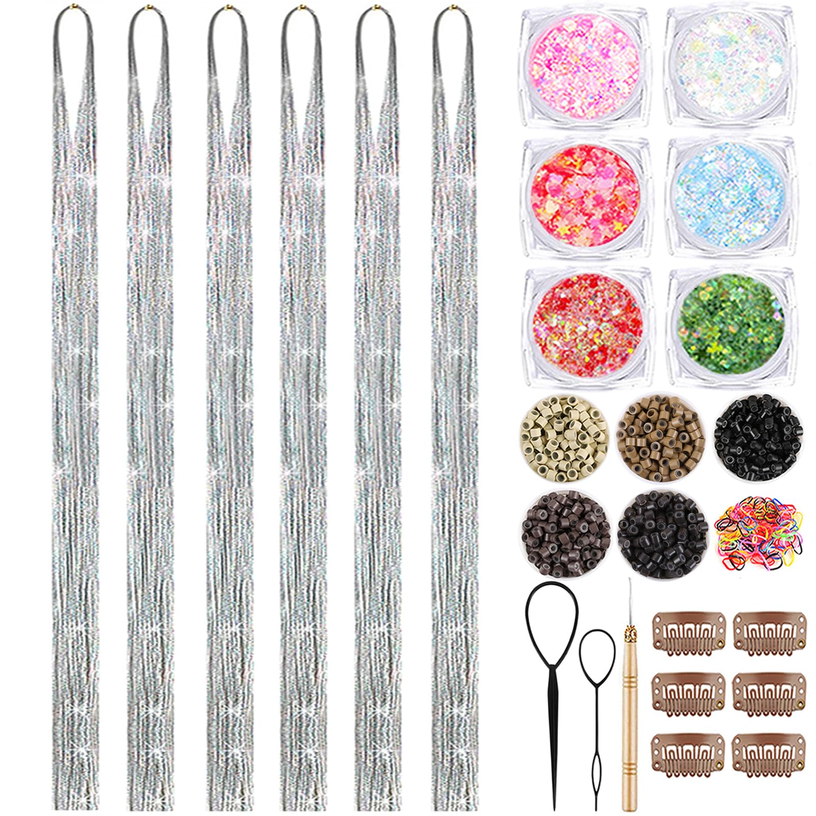 Hair Tinsel Kit With Body Glitter 15 Colors 48 Inch 4500 Strands Glitter Tinsel Hair Extensions With Tools Fairy Hair Accessories, Suitable for