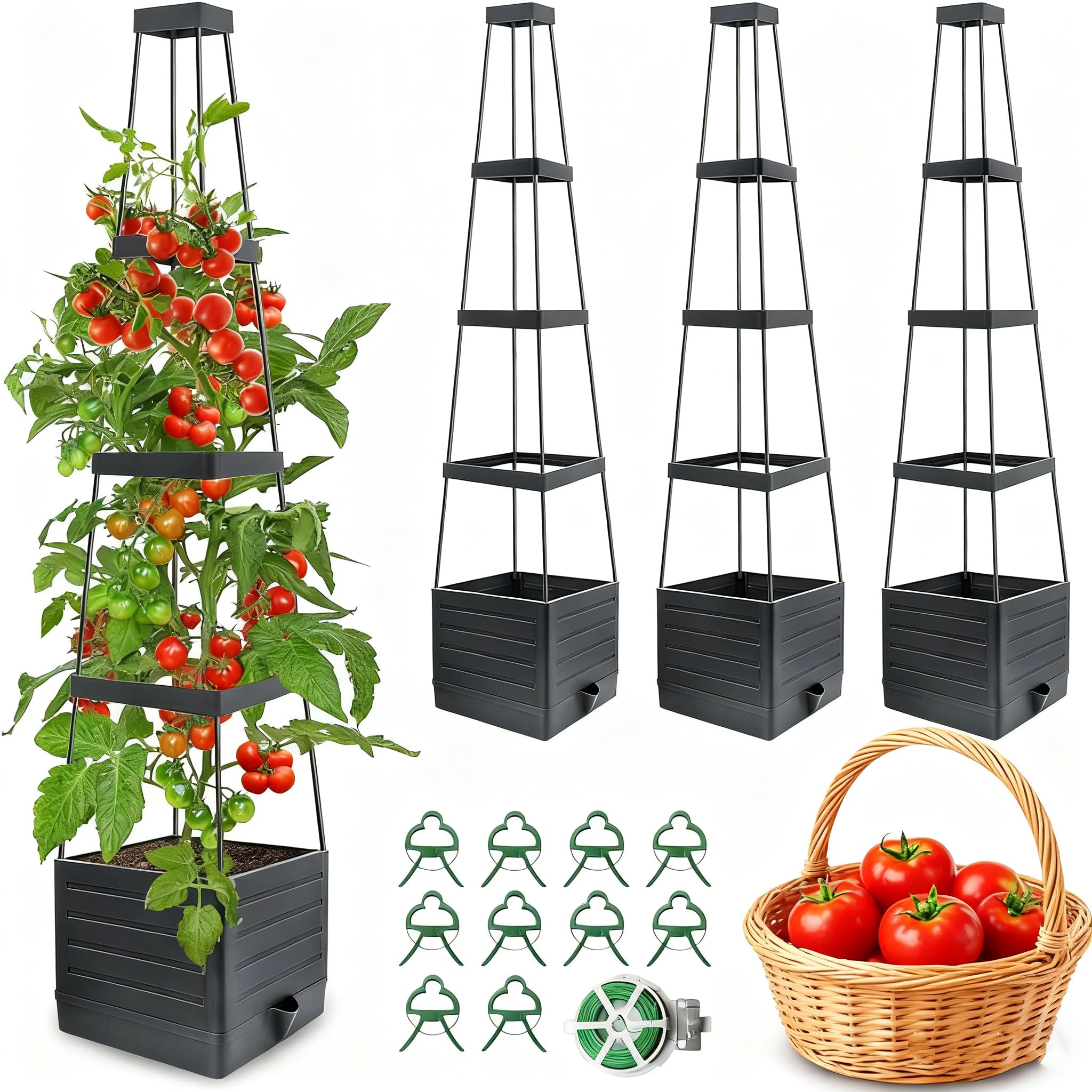 MYMULIKE Lot de 4 parterres de jardin surélevés, jardinières avec treillis de 147 cm, pots de tomates pour grimper, vigne, légumes, fleurs, plantes, cage à tomates auto-arrosage pour serre de terrasse