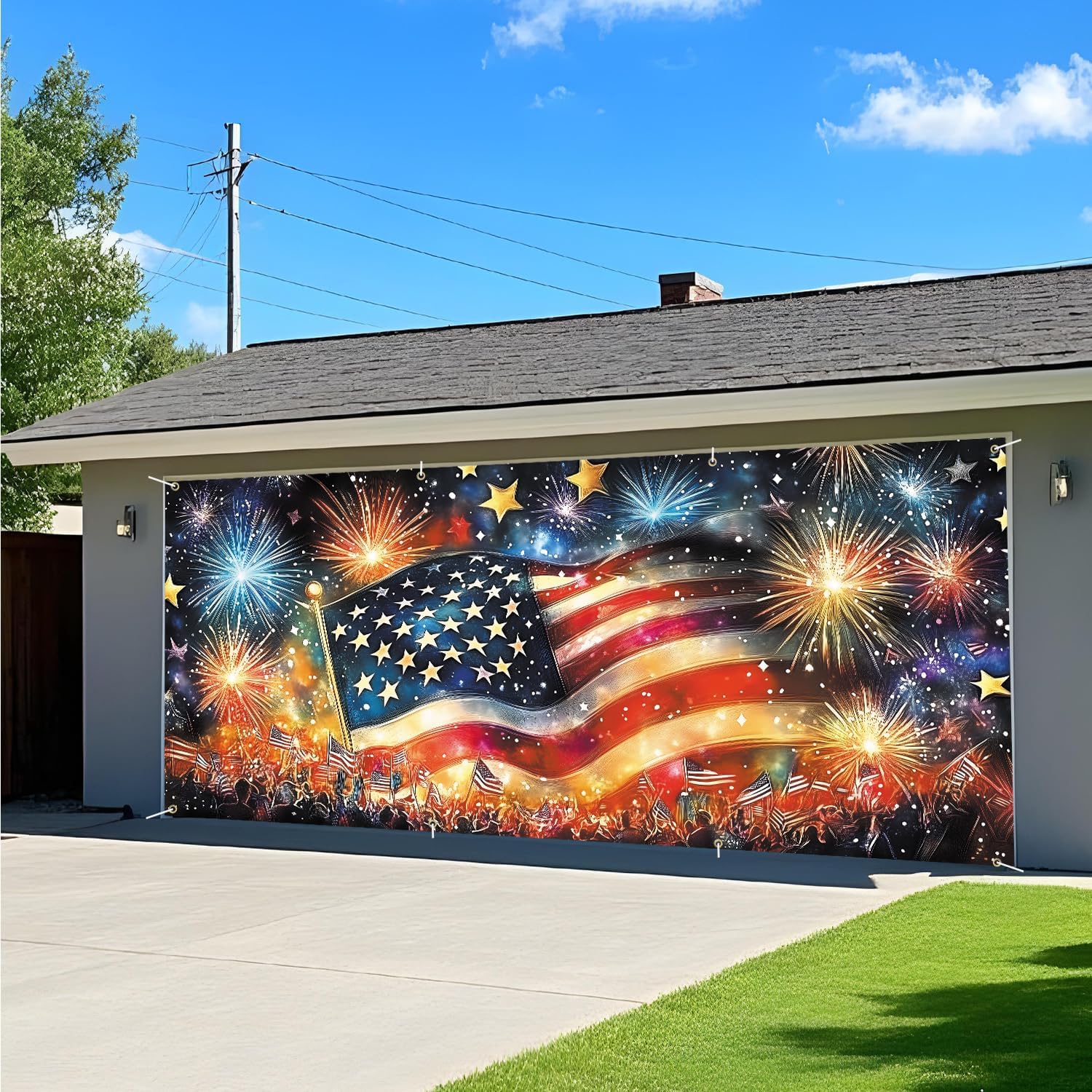 ANNA QUEEN Garage Door Banner 6x13FT, Large Patriotic Garage Door Cover with Flag & Fireworks Outdoor, Garage Decoration for Parties Home Decor
