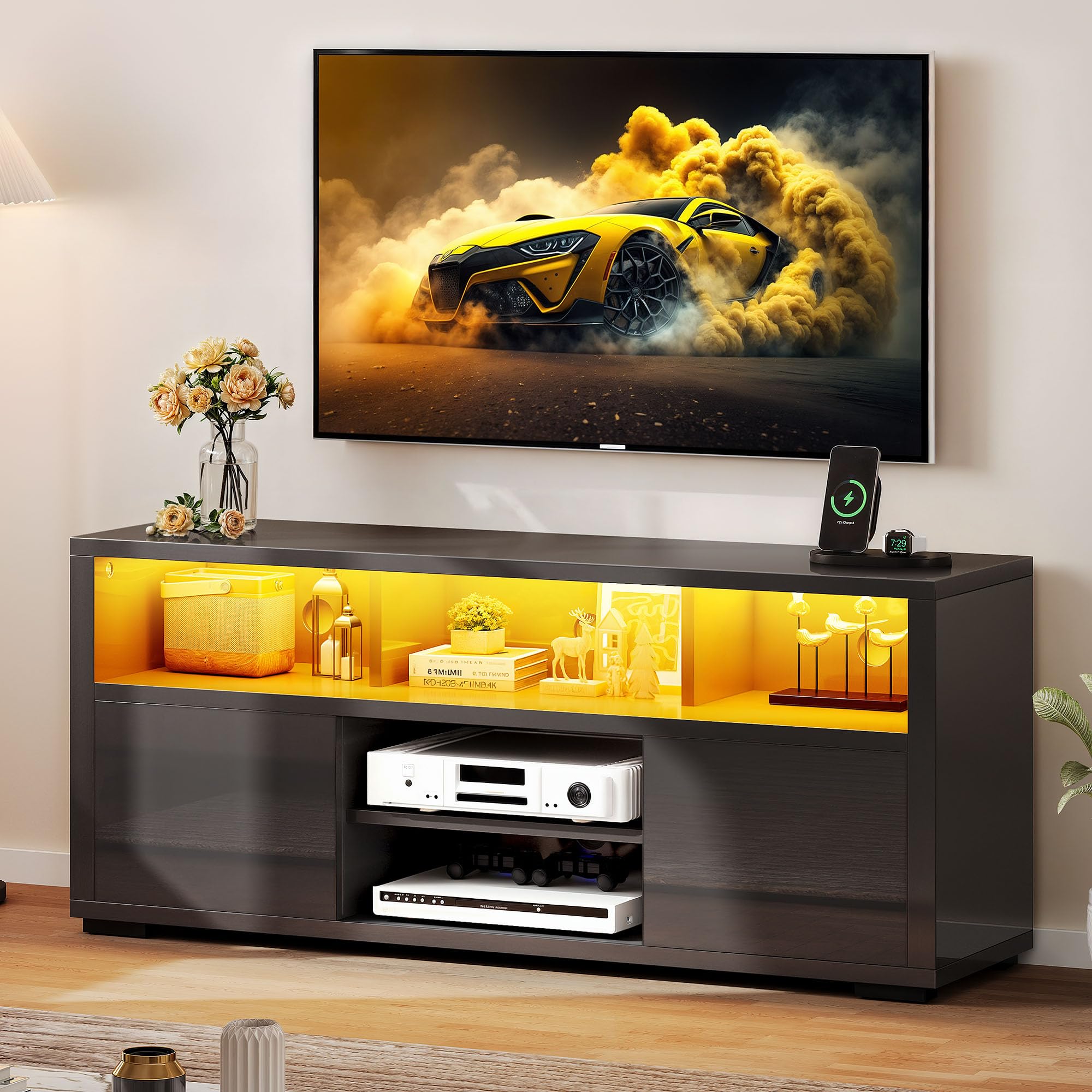 YITAHOME TV Stands for Living Room, TV Stand for 55 inch TV, Entertainment Center with Storage, Modern LED TV Stand, High Glossy Television Stand TV Console Cabinet, Black