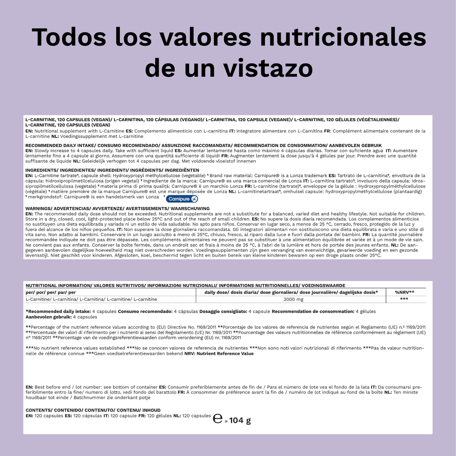 L-Carnitina Alta Dosis - 2000 mg - Premium: Carnipure® por el Lonza - 120 cápsulas vegetales - Probado en laboratorio - Sin aditivos - Made in Germany - Balanced Vitality