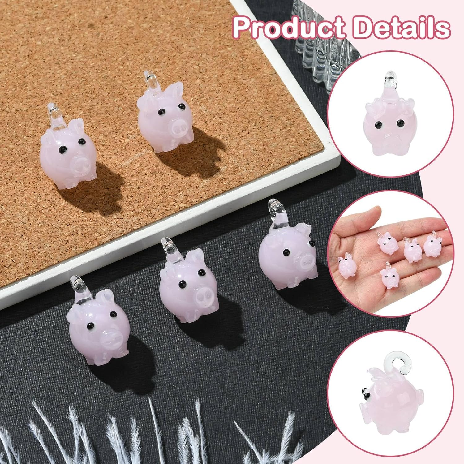 LiQunSweet 5 pcs Lovely Pink Pig Handmade Lampwork Charms Cute Animal Glass Charms for DIY Jewelry Bracelet Necklace Earring Keychain Bag Crafts Decor - Image 3
