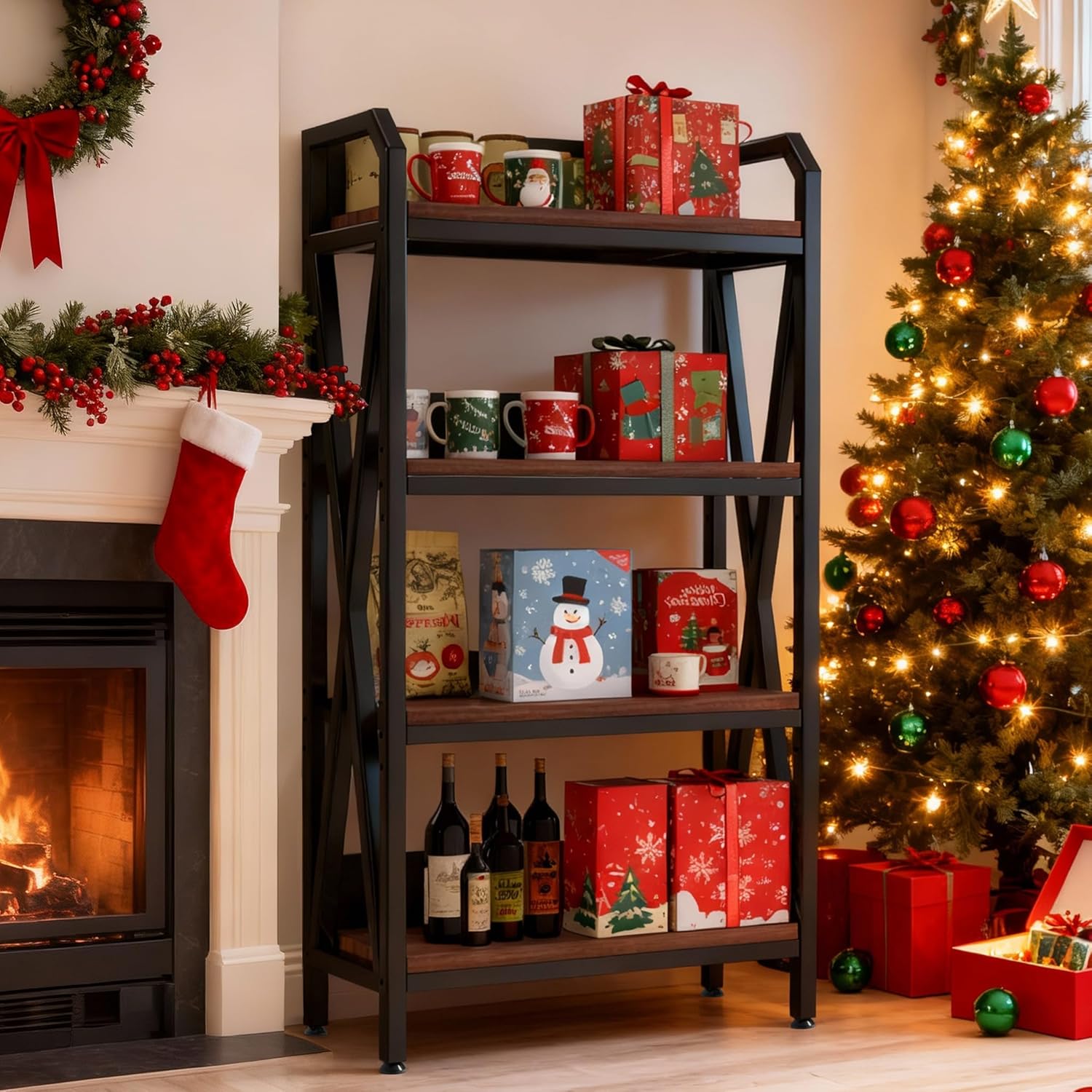 4-Level Storage Shelves, Metal and Wooden Kitchen Shelves, Kitchen Organizers and Storage, for Garage, Pantry, Bathroom, Closet