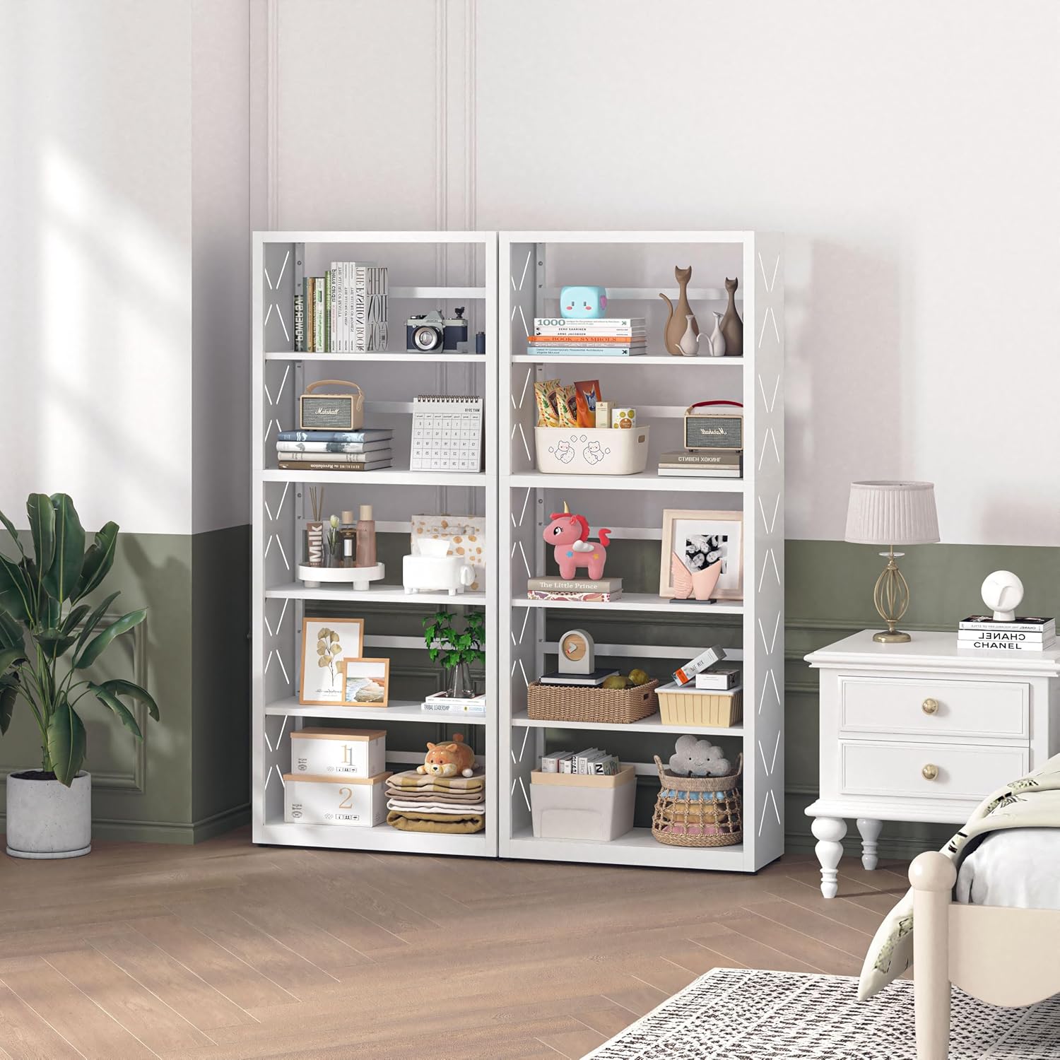 Bookshelf, 5 Tier Metal Bookcase with Adjustable Shelves, Tall White Book Shelf with Bookends, White Display Shelves for Living Room, Home Office, Library