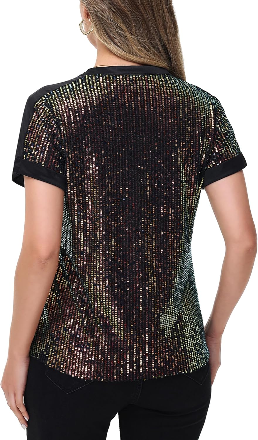 Anna-Kaci Women's Sequin Top Shirt Short Sleeve with Satin V Neckline Glitter Party Tunic Blouse - Image 3