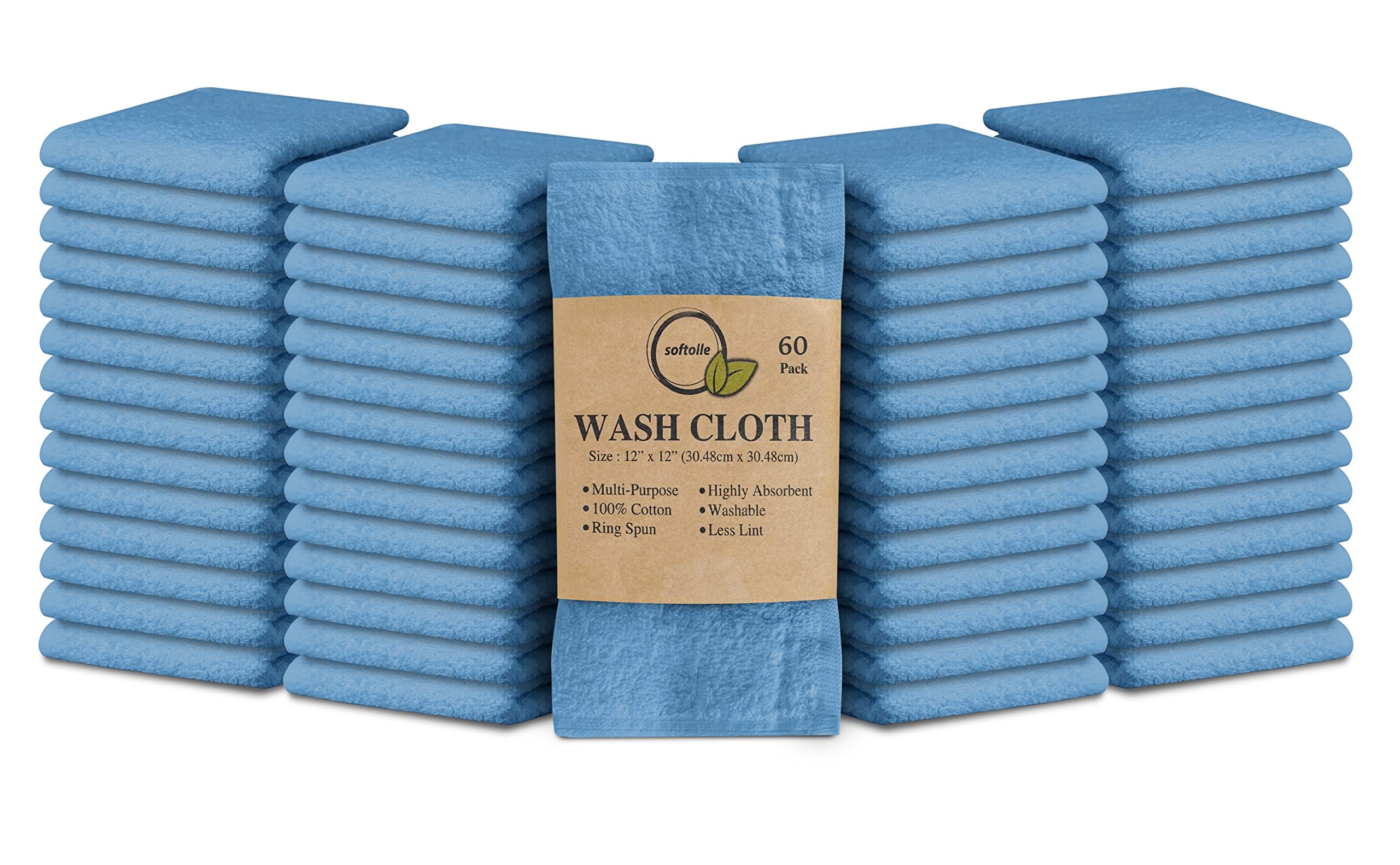 Softolle 100% Cotton Washcloths (12x12 Inches) Soft, Highly Absorbent Washcloth, Face Towels, Wash Cloths for Face, Ring Spun, Bulk Pack (Sky Blue, 60