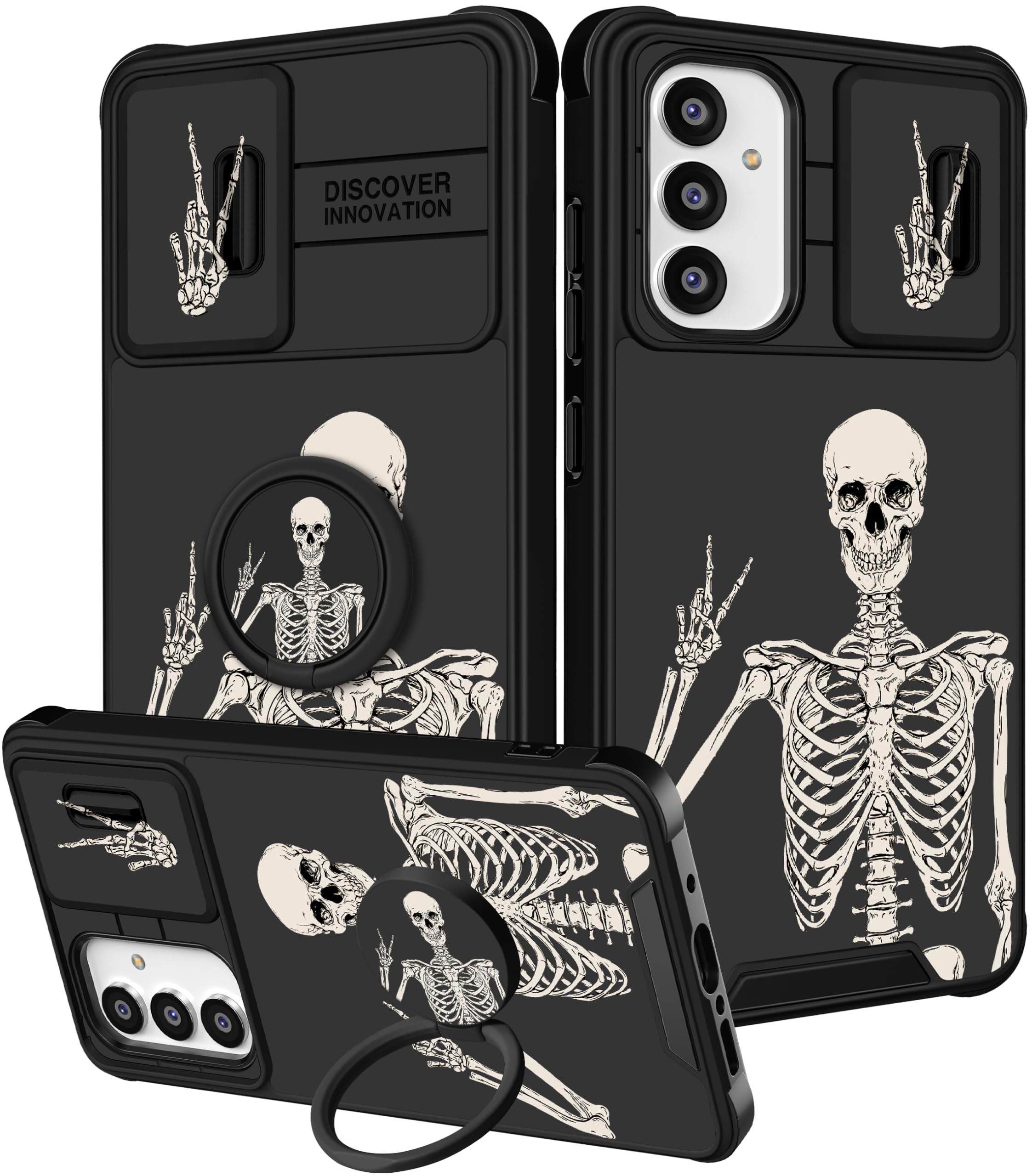 Goocrux (2in1 for Samsung Galaxy A54 5G Case Women Cute Girls Phone Cover Skull Skeleton Boys Fun Funny Gothic Goth Scary Black Design with Slide