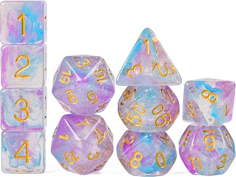 UDIXI 11 Piece DND Dice Set with Iridecent Swirls, Glitter Polyhedral D&D Dice for Role Playing Game and Other Tabletop Game Purple Blue