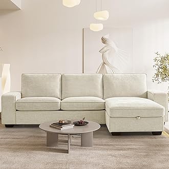Chenille L Shaped Sectional Couches for Living Room, Comfy Convertible Modular Sofa with Storage Chaise for Small Spaces,Mid Century Modern,Deep Seat (Beige, 99")