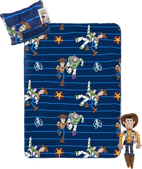 Jay Franco Disney Pixar Toy Story Travel Set - 3 Piece Kids Travel Set includes Blanket, Pillow, & Plush - Featuring Woody (Offical Disney Pixar Product)