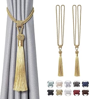 Pretty Jolly 2 Pack Long Tassel Curtain Tiebacks Handmade Braided Rope Knot Drape Tie Backs European Style Decorative Curtain Holdbacks for Home & Office Window Drapery (Gold)