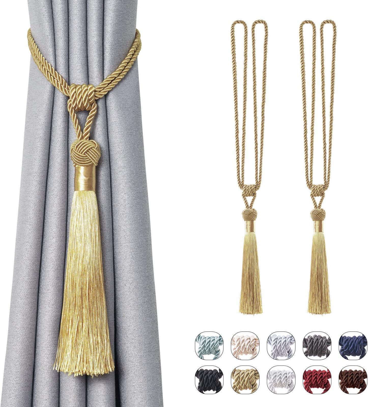 Pretty Jolly 2 Pack Long Tassel Curtain Tiebacks Handmade Braided Rope Knot Drape Tie Backs European Style Decorative Curtain Holdbacks for Home & Office Window Drapery (Gold)