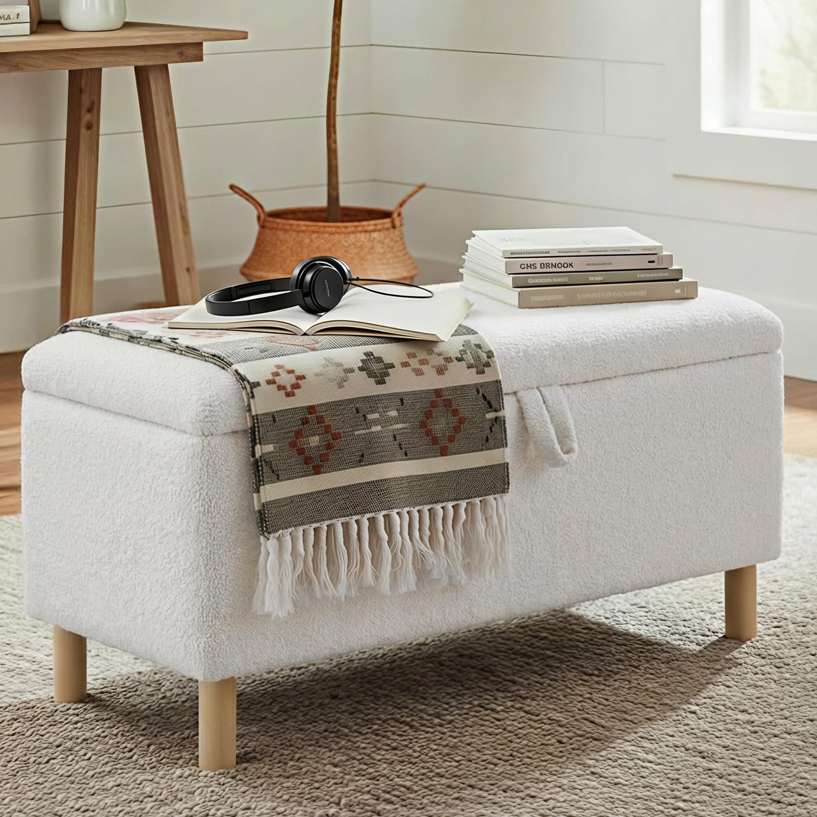 COLAMY Large Ottoman Storage Box for 80L, Wooden Ottoman Storage Bench with Anti-Slip Pads and Lift-Up Lid, Foot Stool for Living Room, Bedroom, Entryway, Boucle Fabric Footstool with Storage, White