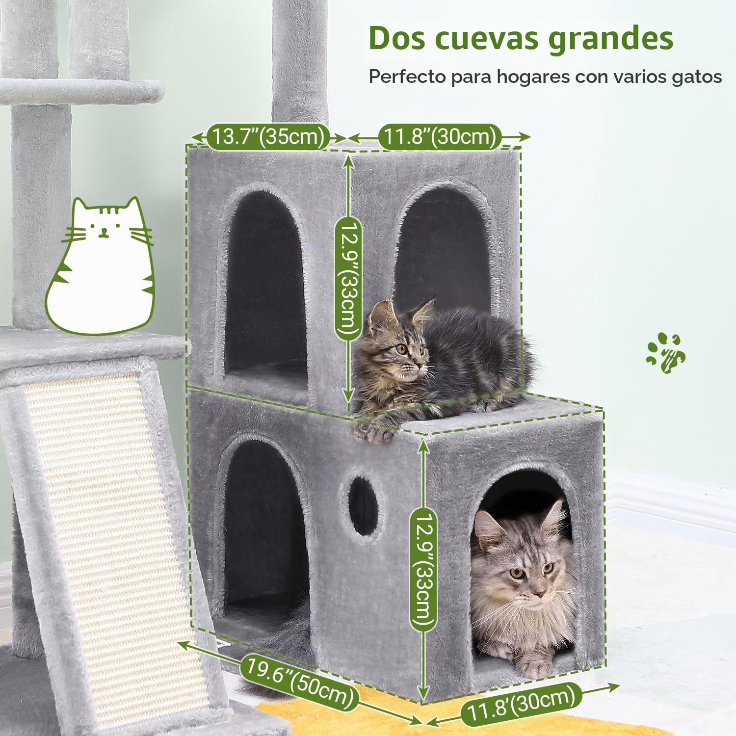 Globlazer Árbol Rascador Estable con 2 Grandes Base, 2 Casas Giratorias 90°, Plataforma Acolchada, Pendiente de Sisal, Arbol Rascador para Grande Gato Ancianos Gatitos Interior (F50, Gris Claro)
