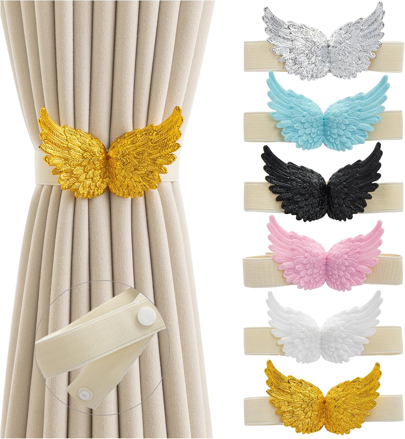 Butterfly Wing Shaped Curtain Tie Backs, 2Pack with Adjustable Elastic Bands, Elegant Curtains Holder for Window Treatment and Home Decor, Black