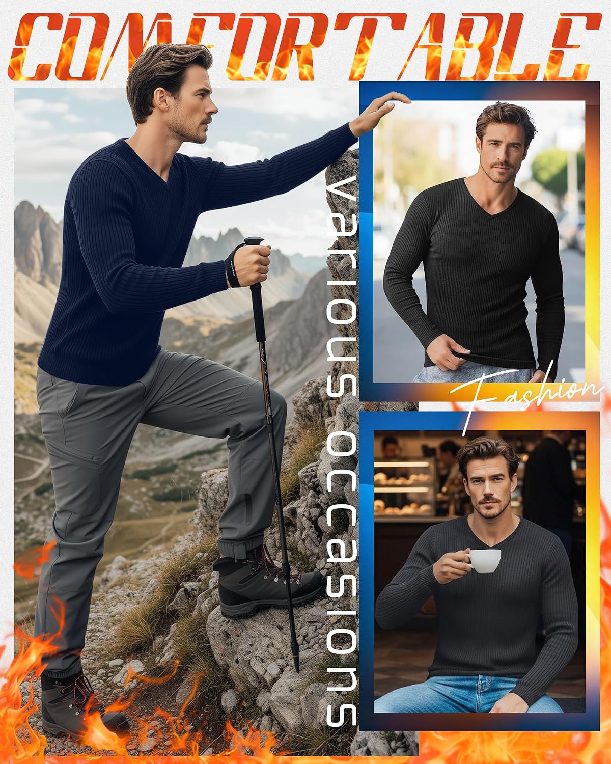 3 Pack Men's Big and Tall Thermal Shirts Cotton Fleece Lined Long Sleeve Ribbed V Neck Sweater Casual Layer