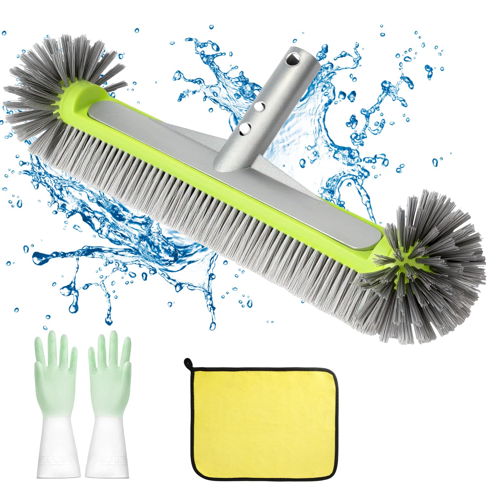 Brosse de Piscine Ronde, 43cm/17″ Balai Piscine Brosse avec Gants Antidérapants et Serviette Absorbante pour Carrelage, Murs & Coins Récalcitrants (sans Barre Télescopique)