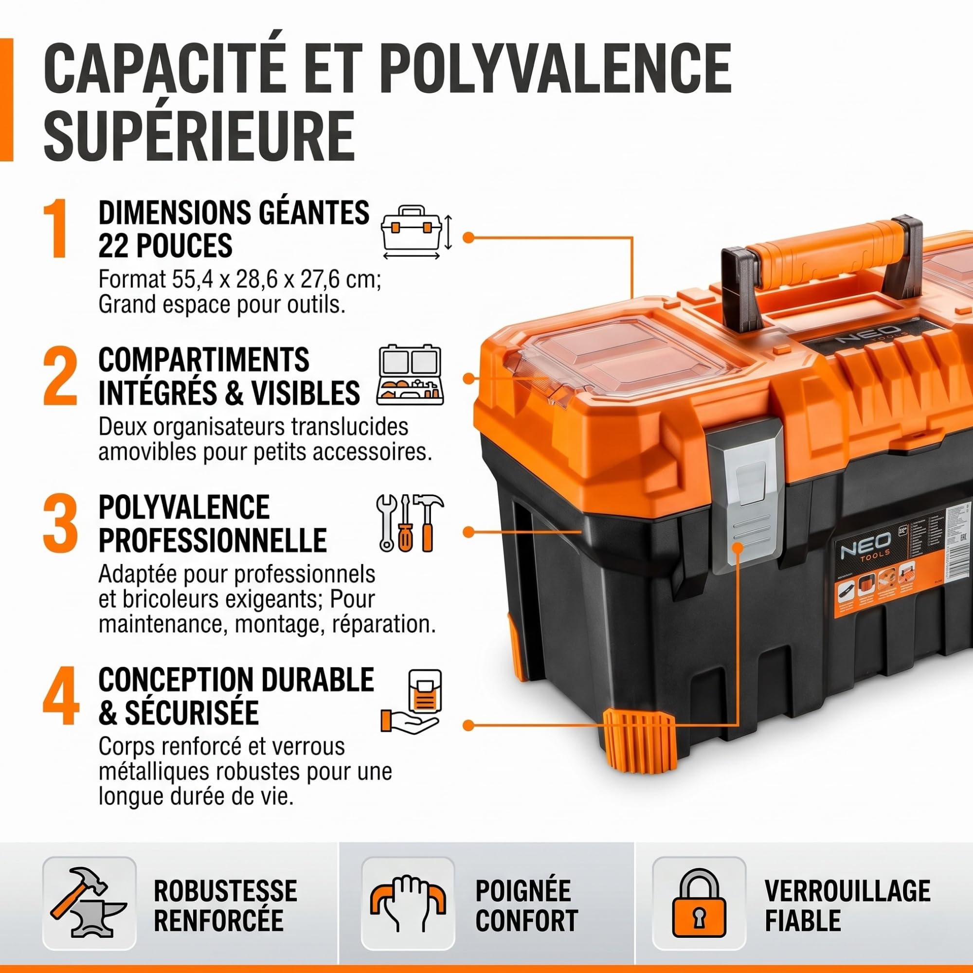 NEO TOOLS Boîte à Outils 22 pouces Caisse de Rangement Outils 55,4 x 28,6 x 27,6 cm avec Organiseurs Couvercle Plateau Amovible Poignée Caoutchoutée