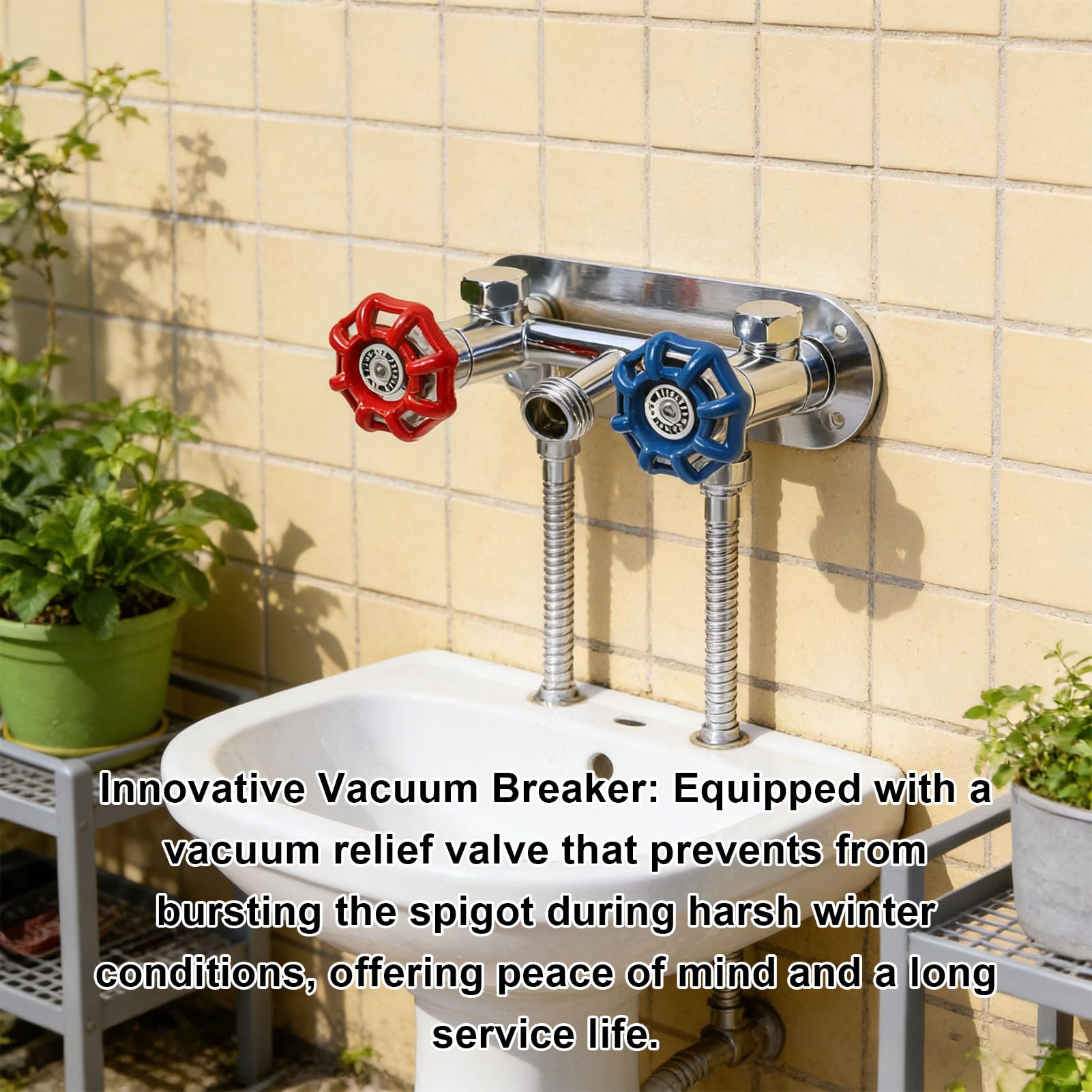 ASHATA Grifo de Agua para Exteriores sin Escarcha de 4 Pulgadas, Grifo de Agua Fría y Caliente para Exteriores, con Válvula de Alivio de Vacío, Roscas de 1/2 Pulgada X GHT de 3/4