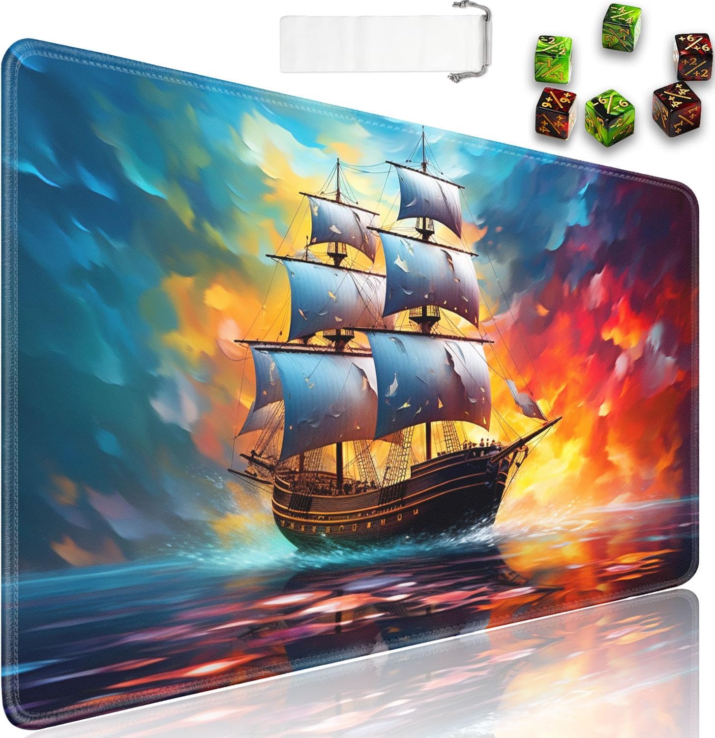 JVGFYNKL MTG Playmat + Drawstring Travel Pouch + 6 Dice Counter, for Tabletop Trading Card Game Playmats or Large Mouse Pad, Anti-Slip Rubber 24 x 14 in, Watercolor Pirate Ship TCG Playmat