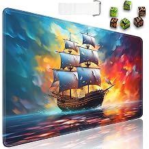 JVGFYNKL MTG Playmat + Drawstring Travel Pouch + 6 Dice Counter, for Tabletop Trading Card Game Playmats or Large Mouse Pad, Anti-Slip Rubber 24 x 14 in, Watercolor Pirate Ship TCG Playmat