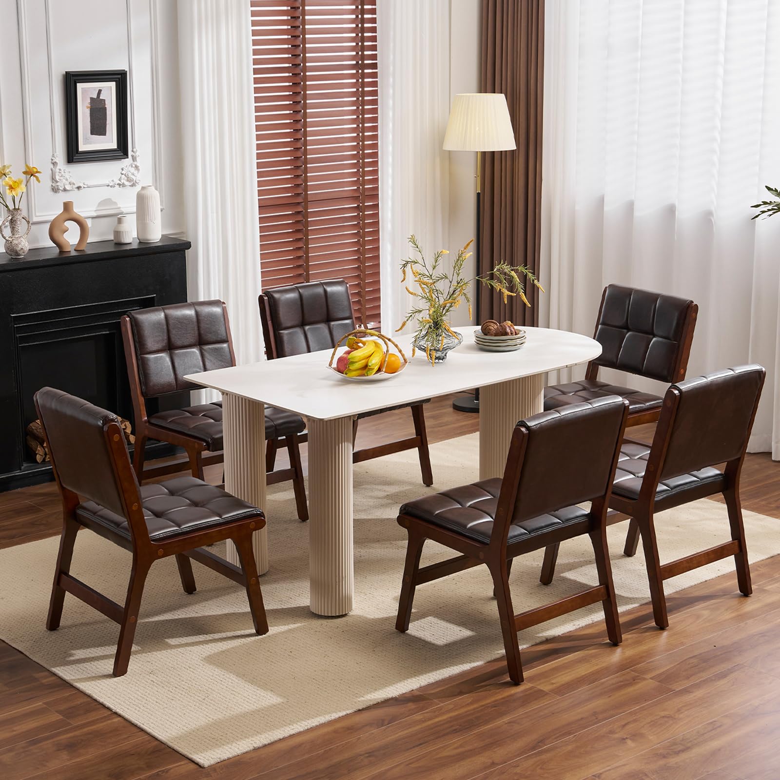 Furniliving Oak Wooden Dining Chairs Set of 6, Mid-Century Modern Leather Upholstered Kitchen Chair, Farmhouse Dining Room Chairs with Wide Seat,