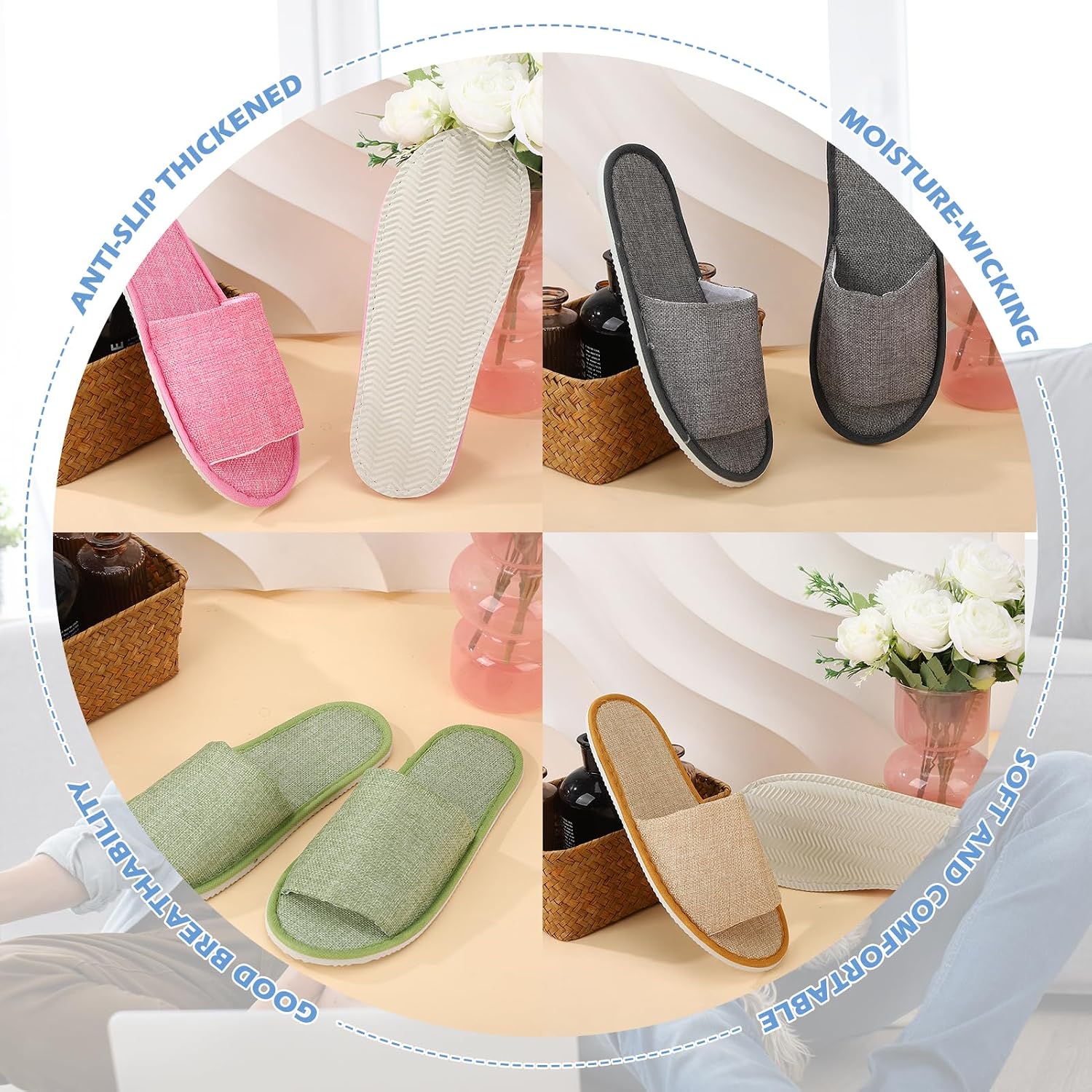 6 Pairs Washable House Slippers for Guests Disposable Open Toe Indoor Slipper Non-slip Spa Slippers for Home Hotel Bedroom Travel Unisex Universal Size