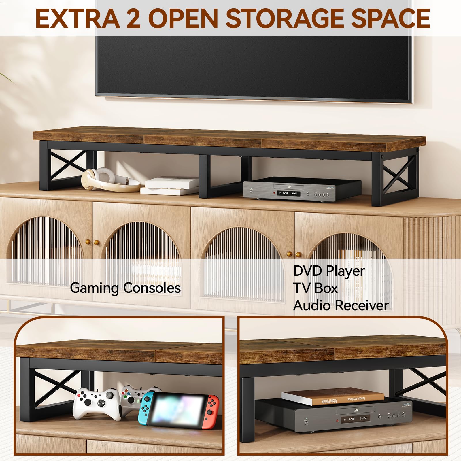IBUYKE Meuble TV pour Télévision jusqu'à 60 Pouces,Support TV Court de Table,Support Télé avec 2 étagères Banc,Bureau Double écran,Salon, Chambre, Cadre en Acier,Brun Rustique TVT002H