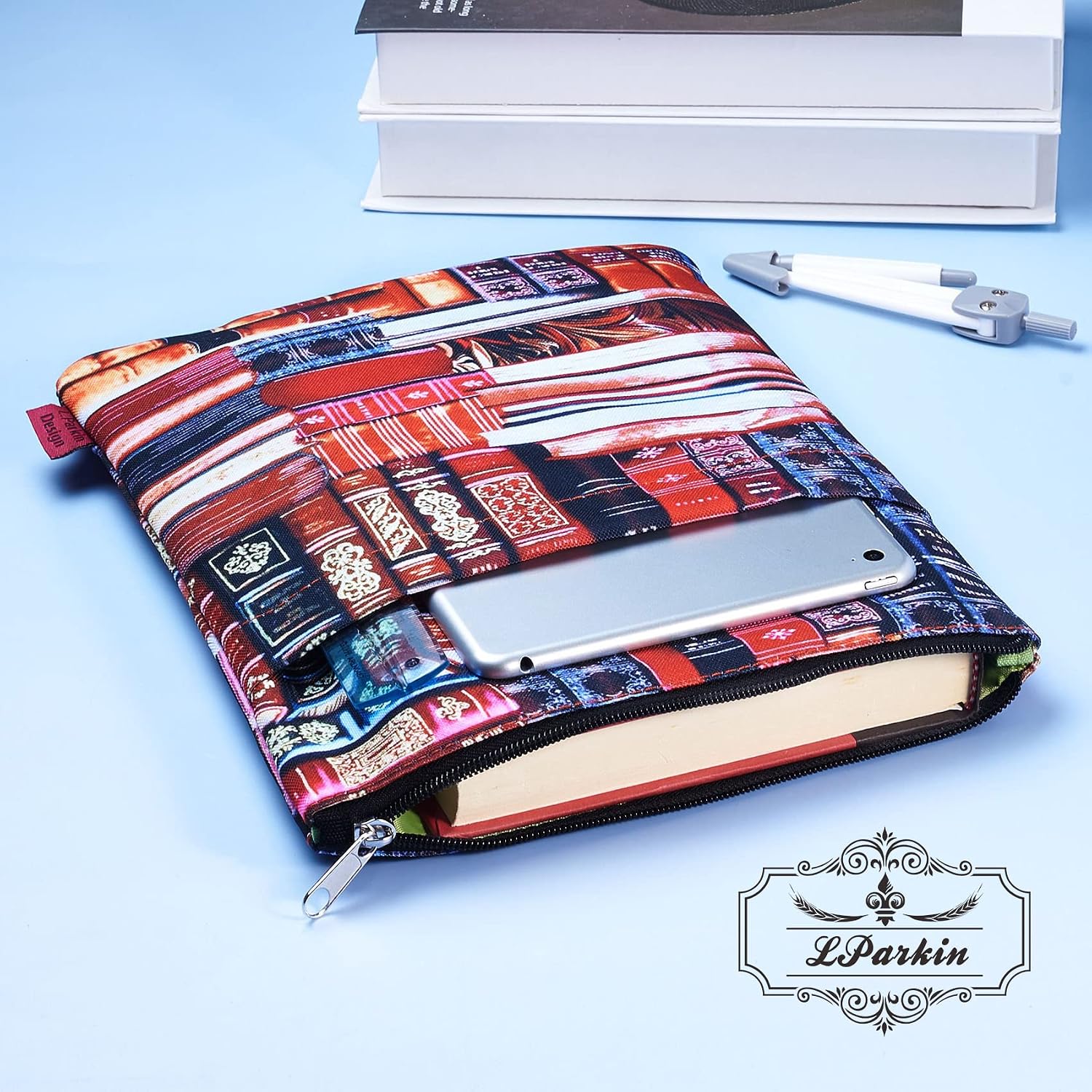 Classic Bookcase Book Sleeve Cover with Zip, Multicolor, 11*8.5inches - Image 3