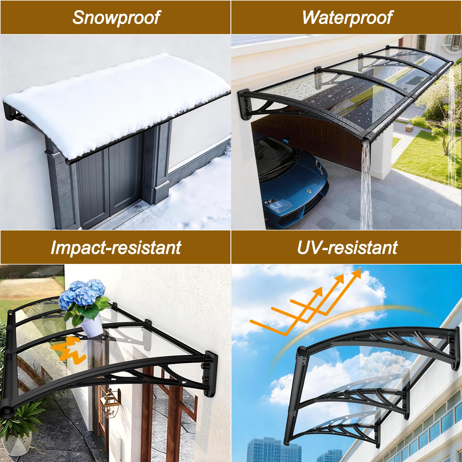 Flankre Marquesinas Exterior para Puertas y Ventanas 80x345cm, El Panel está Fabricado en policarbonato, es Resistente al Agua, a los Rayos solares y a la Intemperie.(marrón)