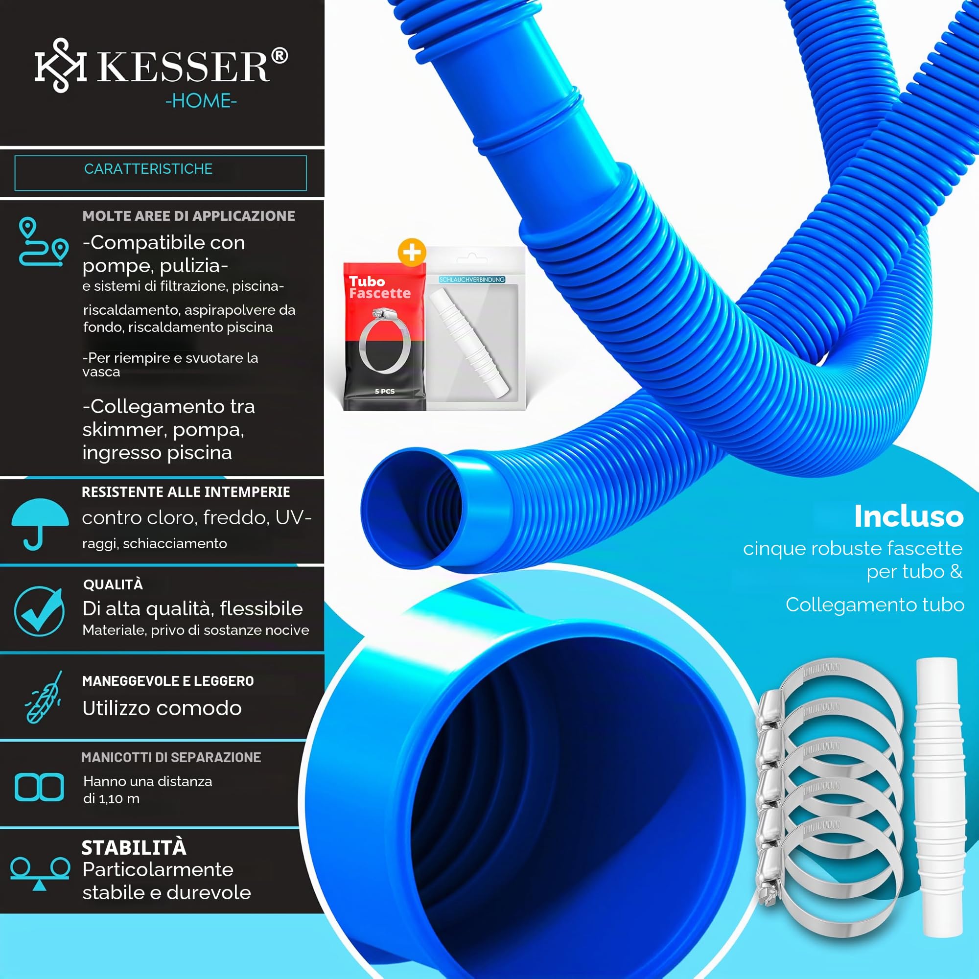 Tubo per piscina KESSER | tubo per con manicotti | tubo solare per piscina da esterni e al coperto | aspirazione | flessibile per pompa | flessibile dell’acqua