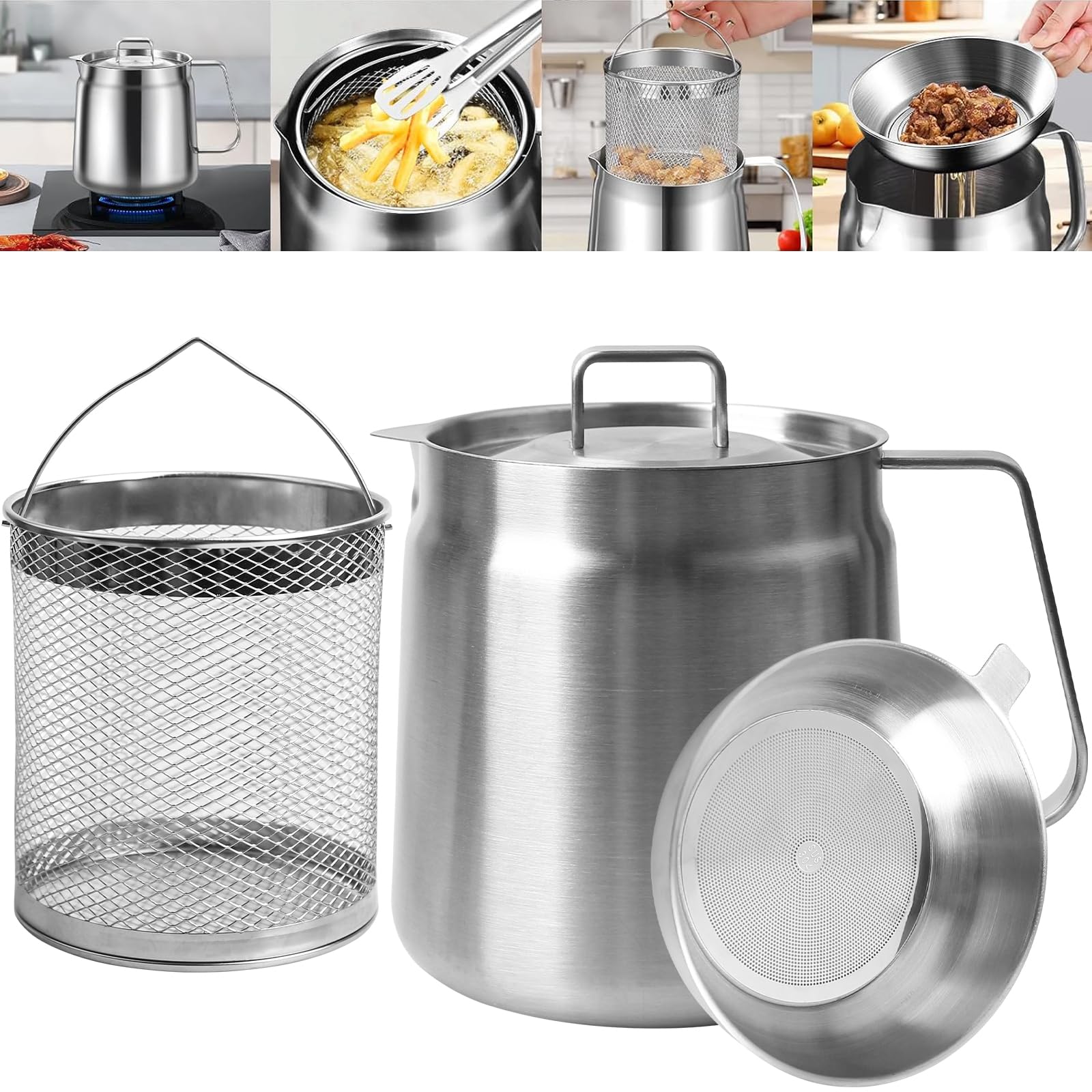 Olla de filtro de aceite de acero inoxidable 304, depósito de grasa de tocino con colador, olla de filtro de aceite de gran capacidad, depósito de filtro de aceite multifuncional, mini
