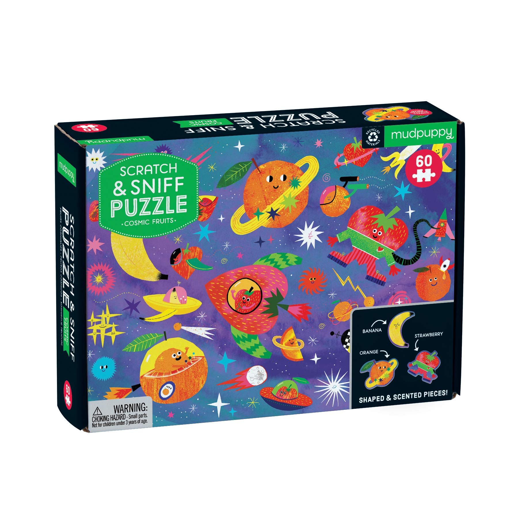 Mudpuppy Cosmic Fruits Scratch and Sniff Puzzle from Mudpuppy - 60 Piece Jigsaw Puzzle with 6 Shaped Pieces, Features Colorful Illustrations, 3 Out of This World Fruity Scents, Ages 4+