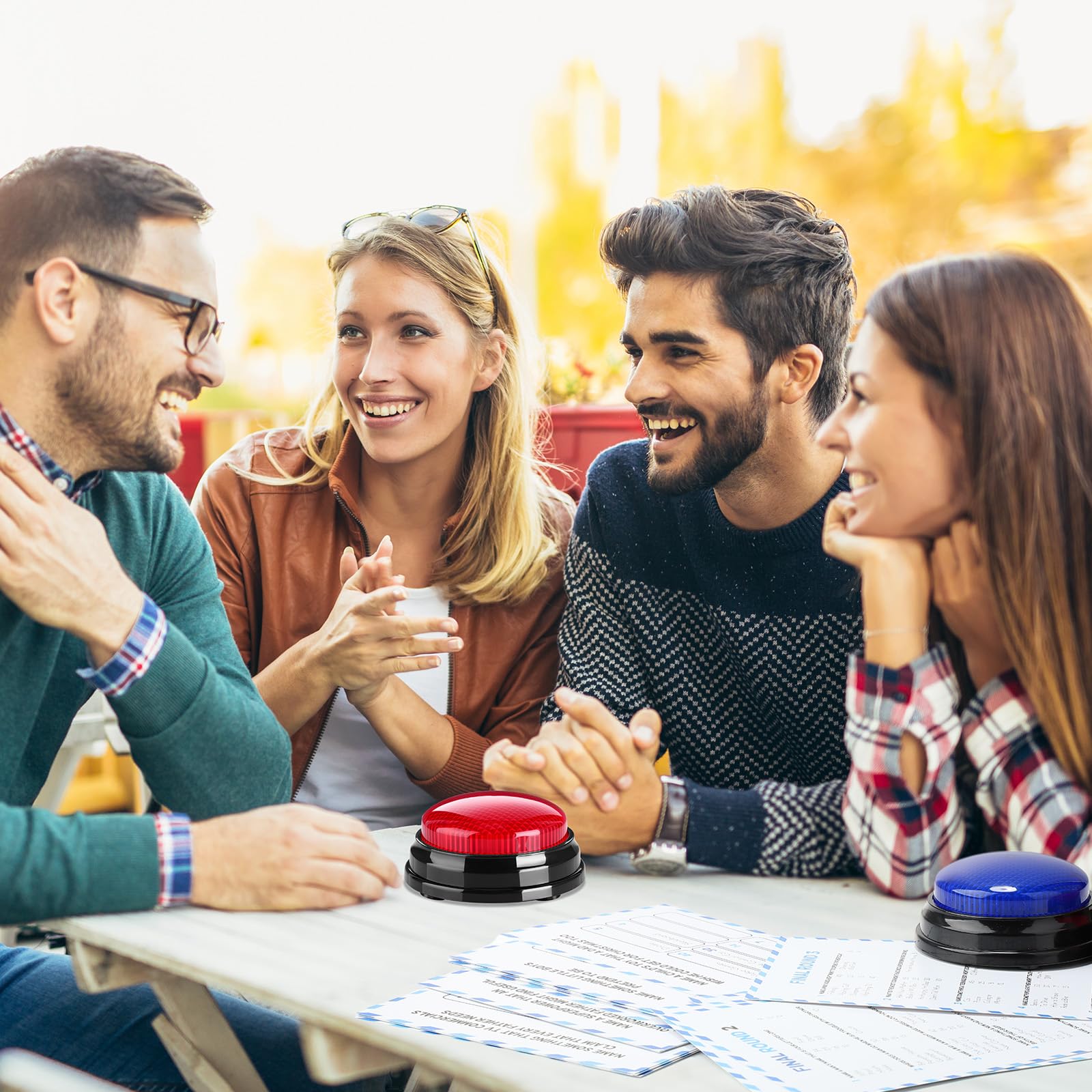 Halloscume Juego de feudo amigable para el día del padre con zumbadores de 2 respuestas, tarjetas de enemistad para juegos familiares, diversión nocturna, cuestionario de trivia para fiestas, oficina