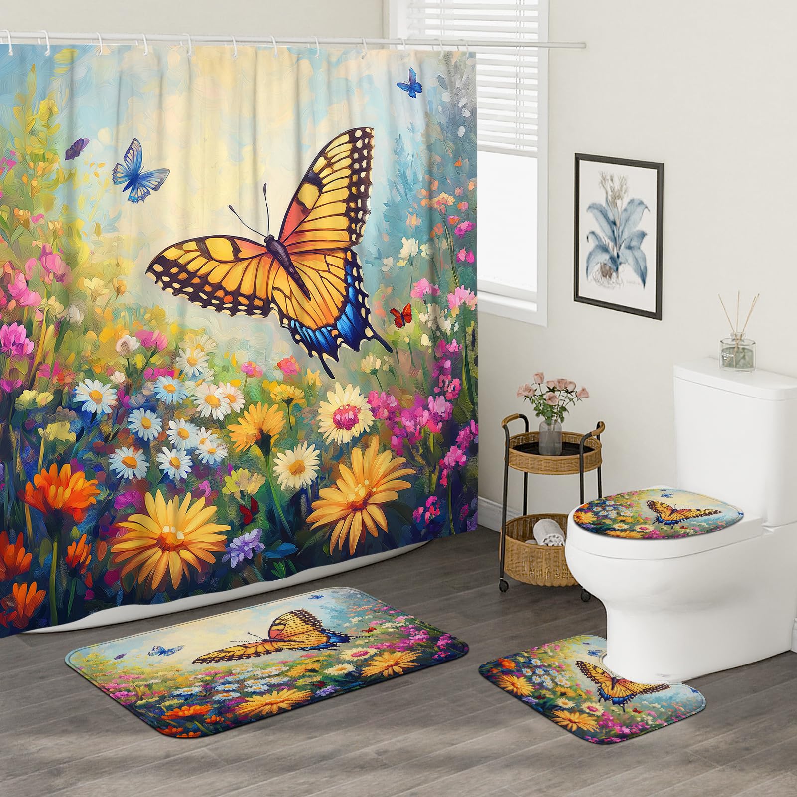 DESIHOM 4PCS Spring Anime Butterflies Shower Curtain Sets with Non-Slip Rug, U Shape and Toilet Lid Cover Mat, Fun Cartoon Kids Home Decor, Bathroom Accessory with 12 Hooks