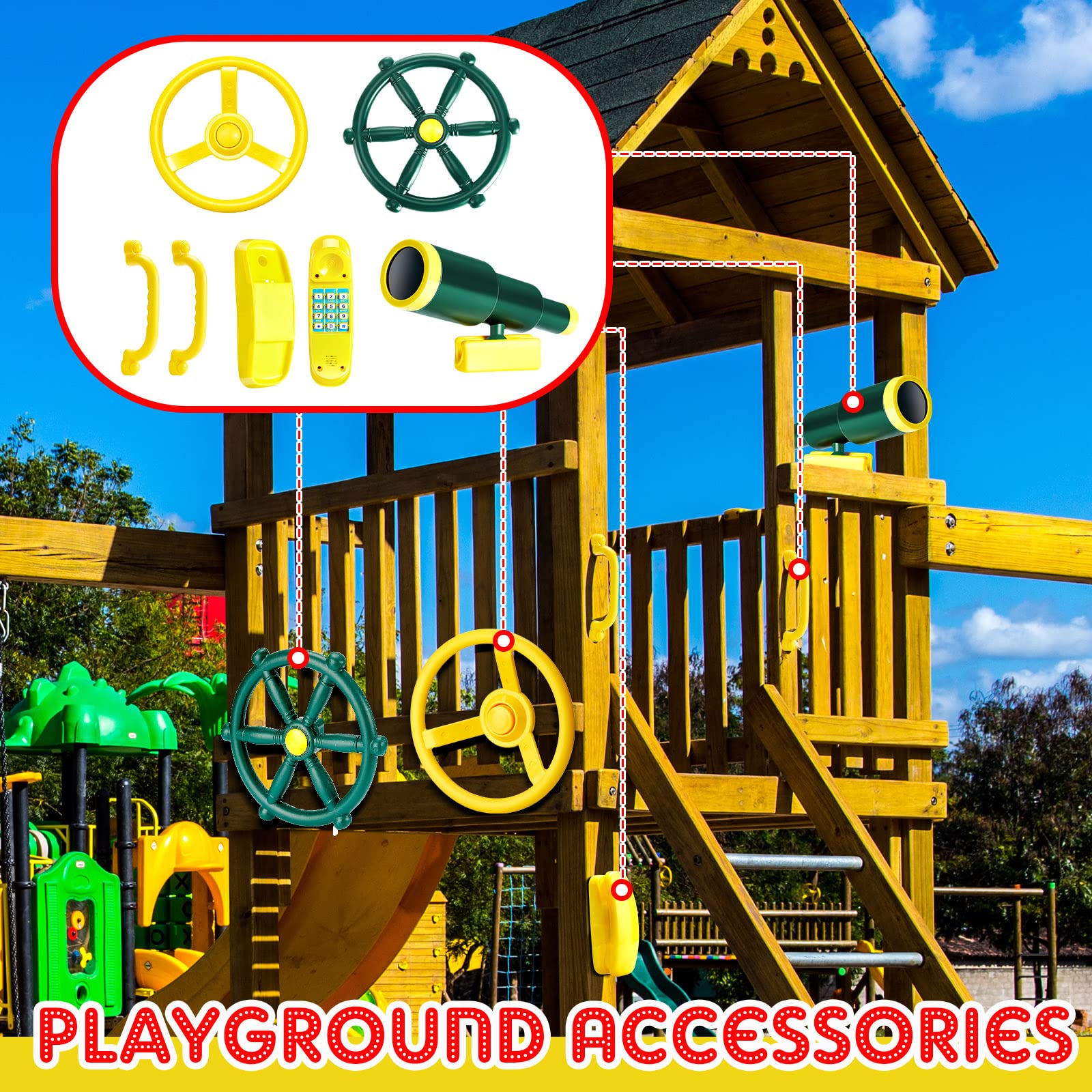Playground Accessories Backyard Pirate Plastic Ship Playset Plastic Playground Equipment Set with Ship Wheel, Telescope, Safety Handlestoy Phone for Outdoor Playhouse Treehouse Playset(Yellow, Green)