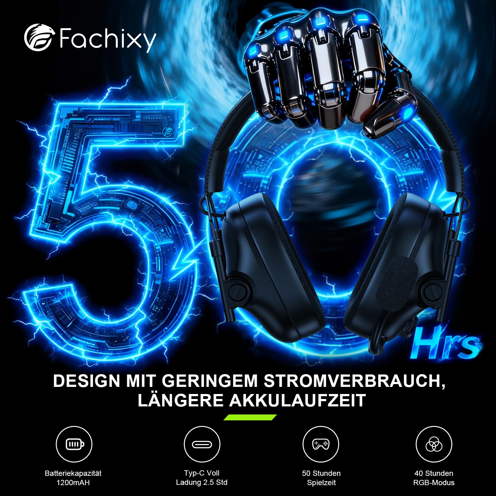 Fachixy Gaming Headset Wireless Für Xbox Series X|S|One, PC, PS5, PS4, Switch, 2.4GHz & Bluetooth 5.4 Headset Kabellos mit Mikrofon, Geringe Latenz Noise Cancelling, Faltbar, 50H Akkulaufzeit