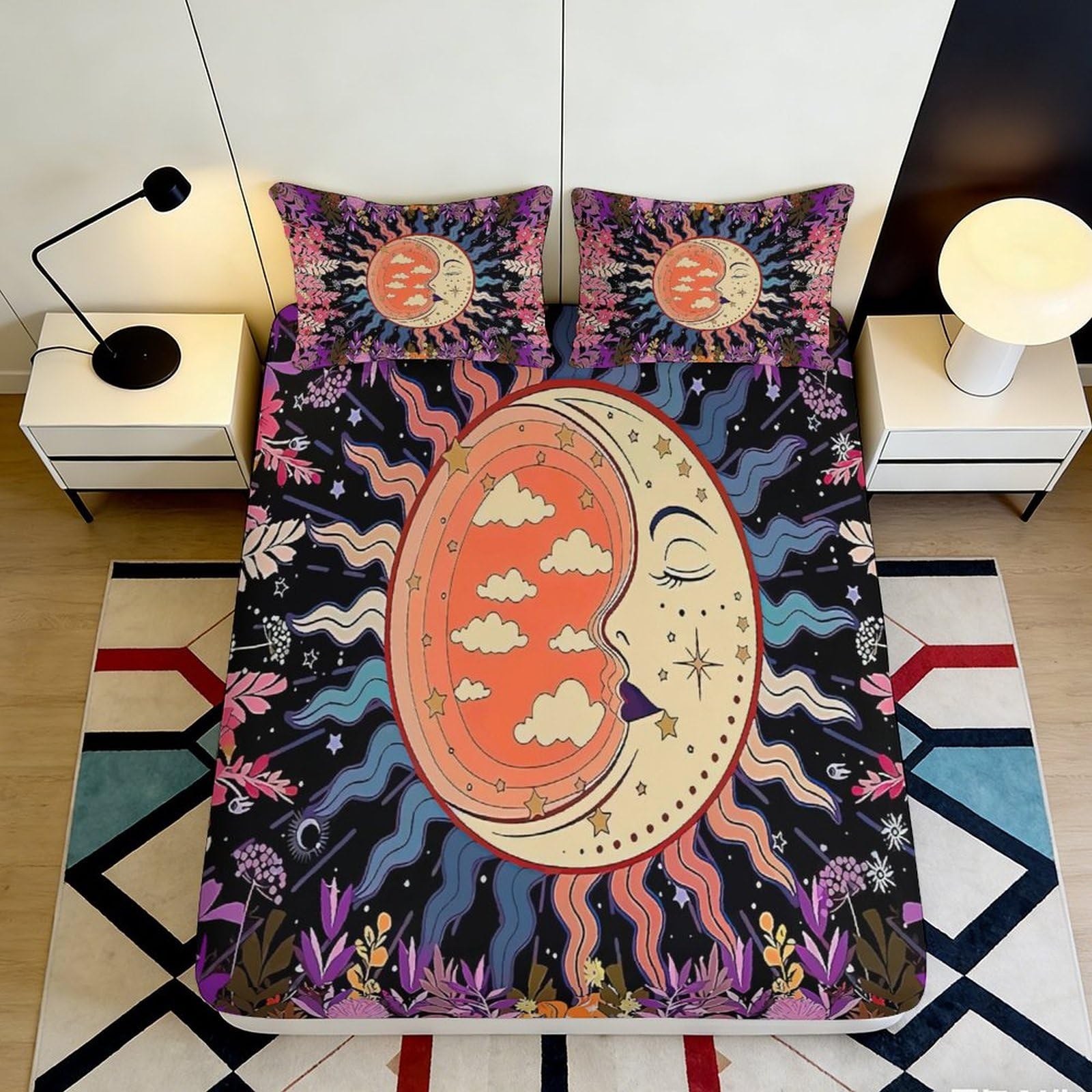 3D Printed Sun Moon Fitted Sheet Microfiber Soft Bedroom Decor Celestial Star Mattress Cover Gift 90x200x25cm