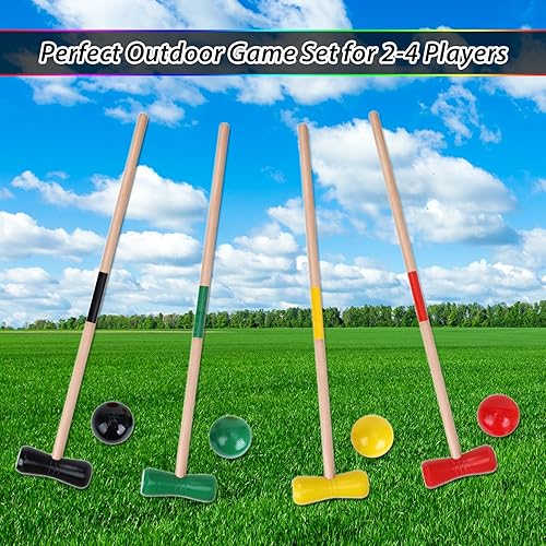 Miniatura 8 de GOTHINK Juego de croquet para 4 jugadores con bolas de madera para adultos y niños, juegos de verano al aire libre para escuela, campo, día de