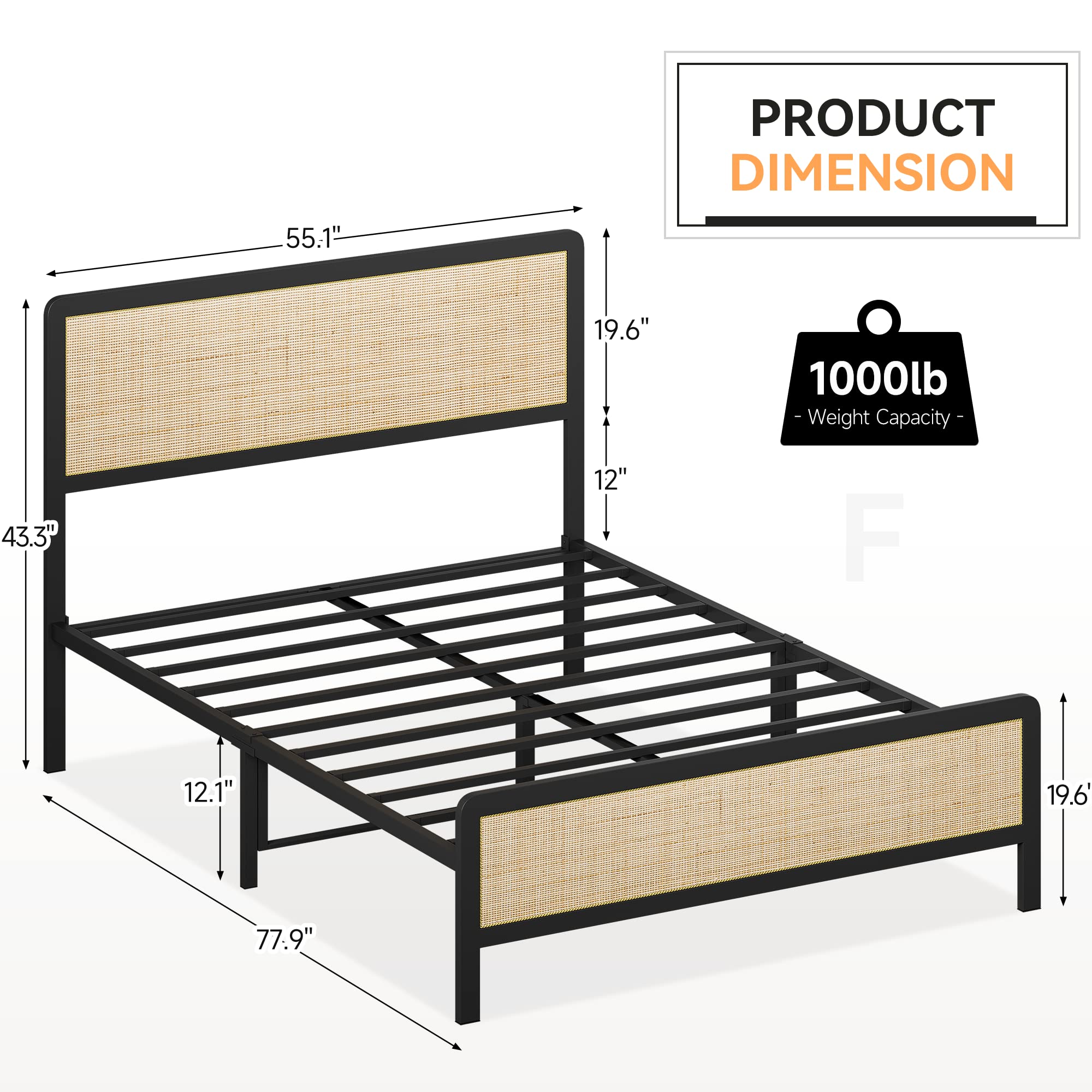 Amyove Full Size Bed Frame with Natural Rattan Headboard and Footboard, Metal Platform with Strong Metal Slats Support, Boho Cane Bed with Curved Headboard Mattress Foundation, No Box Spring Needed