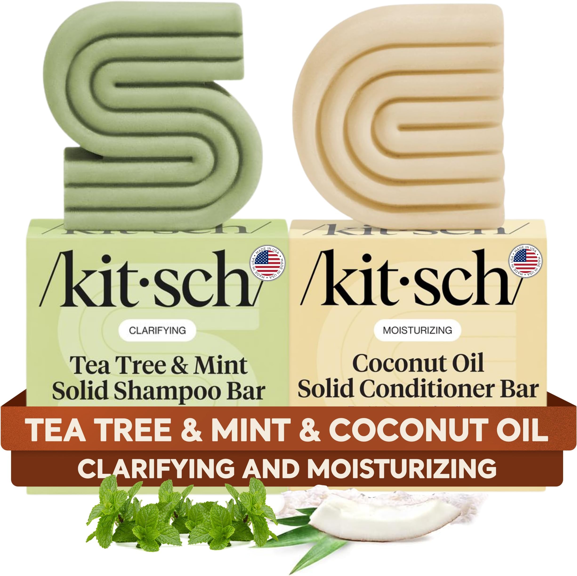 Tea Tree Shampoo & Coconut Oil Conditioner Bar - Shampoo and Conditioner Set - Clarifying Soap for Oily Hair & Deep Moisture - Paraben, Silicone and Sulphate Free - Made in USA - 2