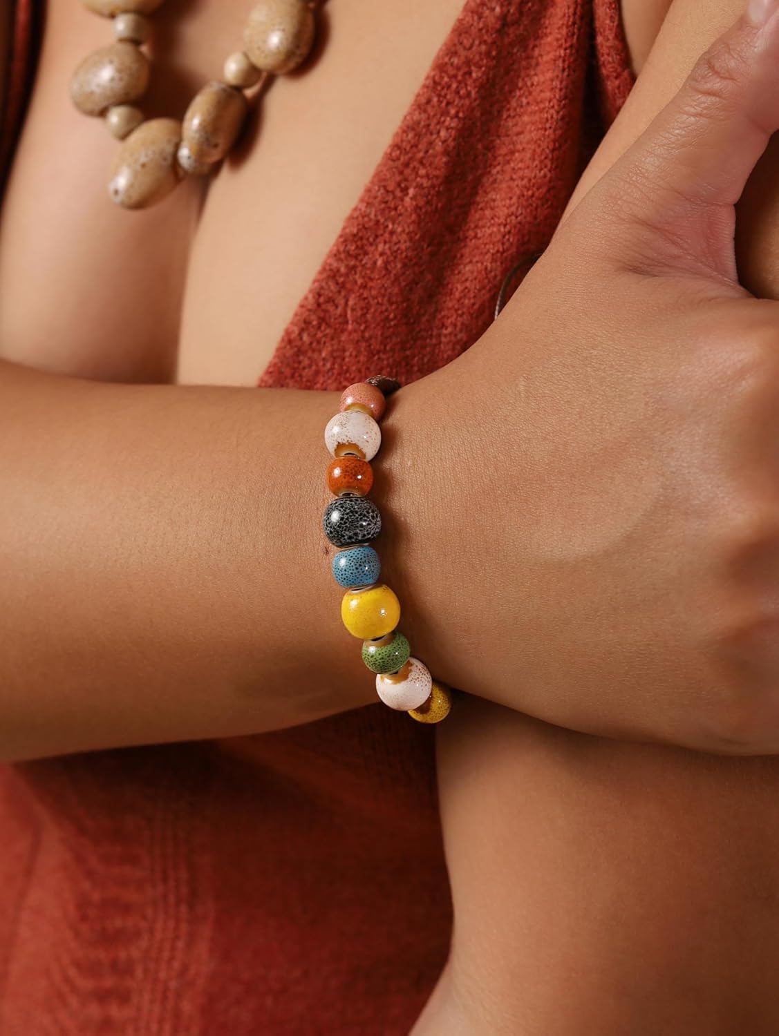 MINACHI Bohemian Colorful Ceramic Bead Adjustable Leather Bracelet, Boho Hippie Summer Jewelry Gift for Women - Image 6